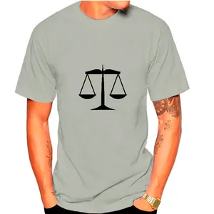 Men's light grey short-sleeved T-shirt featuring a black scales of justice graphic