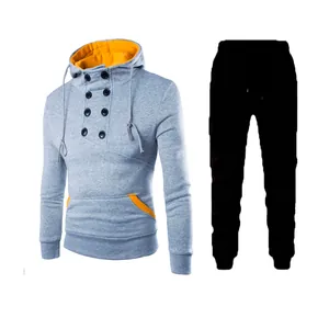 Men's double-breasted slim fit hooded fleece sweatshirt and joggers tracksuit set