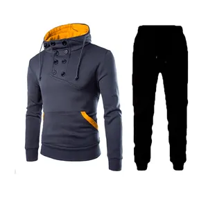 Men's stylish double-breasted fleece hoodie and joggers tracksuit set in grey and black