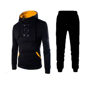 Men's slim fit black tracksuit with double-breasted hoodie and fleece-lined sweatpants.