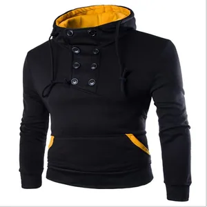 Close-up detail of a men's slim-fit double-breasted fleece hoodie in black and yellow