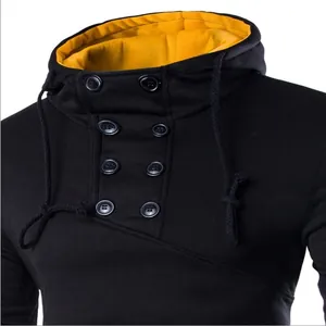 Close-up view of men's slim fit double-breasted sweatshirt with yellow hood lining.