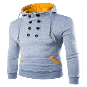 Front detail of a men's grey slim fit hoodie featuring double-breasted button design