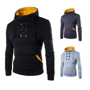 Men's slim-fit double-breasted fleece hooded sweatshirt with contrast yellow lining