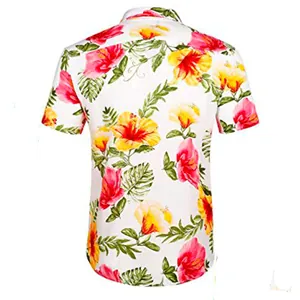 Detailed back view of a men's loose Hawaiian floral shirt featuring vibrant hibiscus print