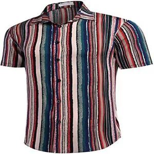 Detailed view of a men's colorful vertical striped short sleeve Hawaiian casual shirt