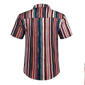 Detailed back view of a men's colorful vertical striped Hawaiian style casual shirt