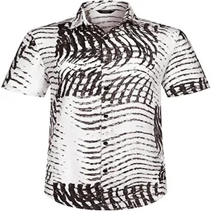 Detail view of the black and white abstract wave print on a Hawaiian style casual shirt