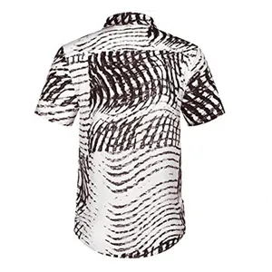 Back view of loose Hawaiian style casual shirt with abstract black and white print