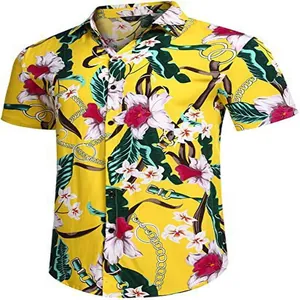 Loose Hawaiian style yellow casual shirt with vibrant floral and chain print detail