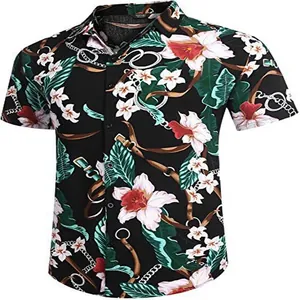Detailed view of a loose Hawaiian shirt featuring floral and chain link patterns