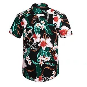 Detailed back view of a tropical Hawaiian style floral print casual short sleeve shirt