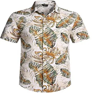 Front view of men's casual Hawaiian shirt showing intricate tropical leaf patterns