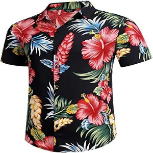 Detailed view of casual men's Hawaiian shirt with vibrant red hibiscus floral print