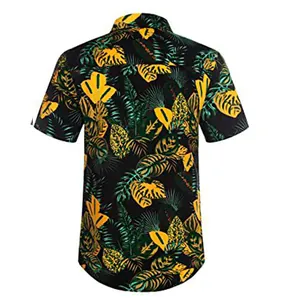Detailed back view of a men's casual Hawaiian shirt with vibrant tropical leaf patterns