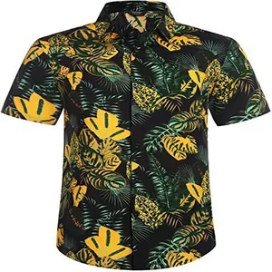 Detail shot of men's Hawaiian casual shirt with vibrant yellow and green leaf print