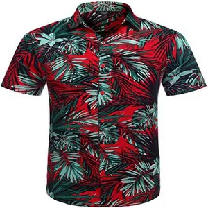 Detailed macro view of a men's red Hawaiian casual shirt with tropical palm leaf print