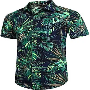 Full front view of a casual Hawaiian shirt showing intricate tropical palm leaf patterns