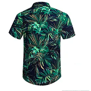 Back view of a casual Hawaiian shirt featuring a vibrant green tropical palm leaf print.
