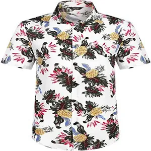 Detailed macro view of white Hawaiian shirt featuring tropical pineapple and floral prints