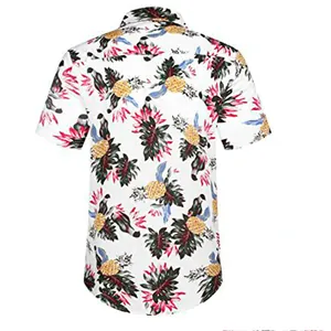 Detailed back view of a men's loose Hawaiian shirt with pineapple and floral print