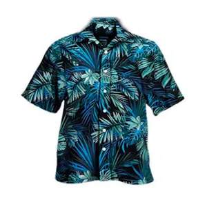 Detailed view of casual Hawaiian shirt with blue tropical palm leaf print pattern