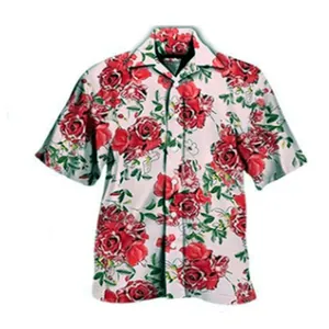 Detail view of a loose Hawaiian style casual shirt featuring vibrant red rose floral prints