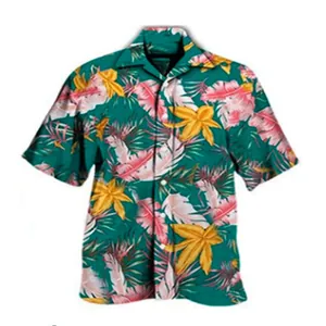 Detail of Hawaiian shirt featuring vibrant teal tropical leaf and flower print