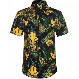 Men's casual Hawaiian short-sleeved shirt with tropical yellow and green leaf print
