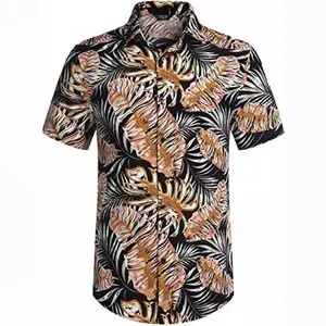 Men's loose Hawaiian casual shirt with tropical leaf floral print on white background.
