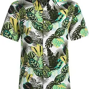 Men's loose Hawaiian casual shirt with green tropical leaf print on white base