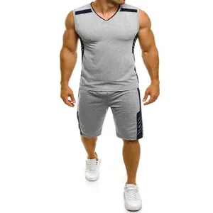 Frontal full-body view of grey quick-dry men's sleeveless sports tank top and shorts set