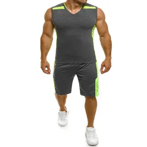 Men's quick-dry sleeveless sports T-shirt and shorts set in grey and lime green