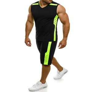 Men's quick-dry sleeveless athletic suit with neon green side stripes for fitness