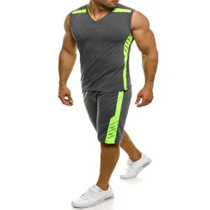 Men's grey and neon green athletic quick-dry sleeveless T-shirt and shorts set for gym