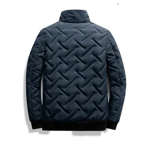 Detailed back view of men's navy blue winter quilted jacket with stylish stand collar