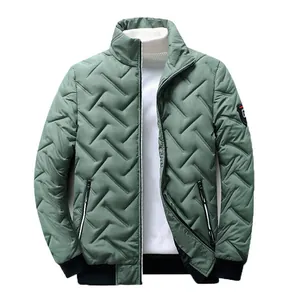 Men's olive green quilted lightweight cotton jacket with stand collar and zipper