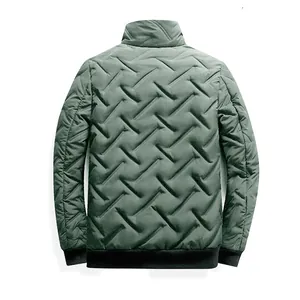 Detailed back view of men's olive green quilted winter jacket with stand collar