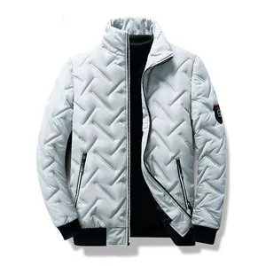 Men's lightweight padded jacket with stand collar and wavy quilting pattern in grey