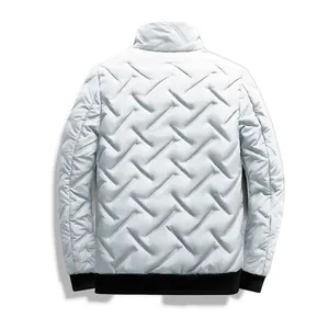 Back view of a white quilted men's jacket featuring a unique chevron pattern