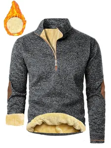 Detail view of men's thickened half-zip fleece sweatshirt with warm sherpa lining