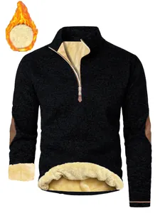 Detail of men's half-zip sweatshirt with warm fleece lining and elbow patches