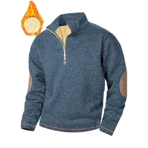 Men's 1/4 zip fleece-lined sweatshirt with stand collar and elbow patches in blue