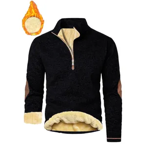 Men's quarter-zip stand collar sweatshirt with thick warm fleece lining in black color