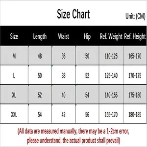Detailed size chart for men's sports shorts including length, waist, and hip dimensions