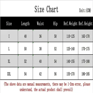 Detailed size chart for men's athletic running shorts showing waist and length in CM