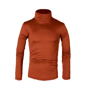 Close-up front view of men's slim fit turtleneck sweater in soft burnt orange fabric