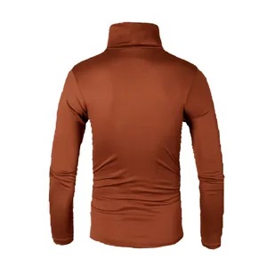 Detailed back view of a men's slim fit turtleneck knit sweater in solid brick red