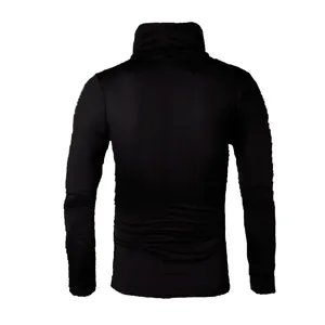 Rear view detail of a slim-fit men's solid black turtleneck long-sleeve knit sweater