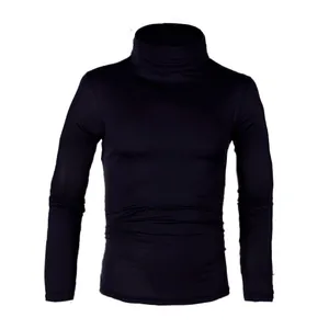 Detailed front view of a men's solid black slim-fit turtleneck knit base layer top